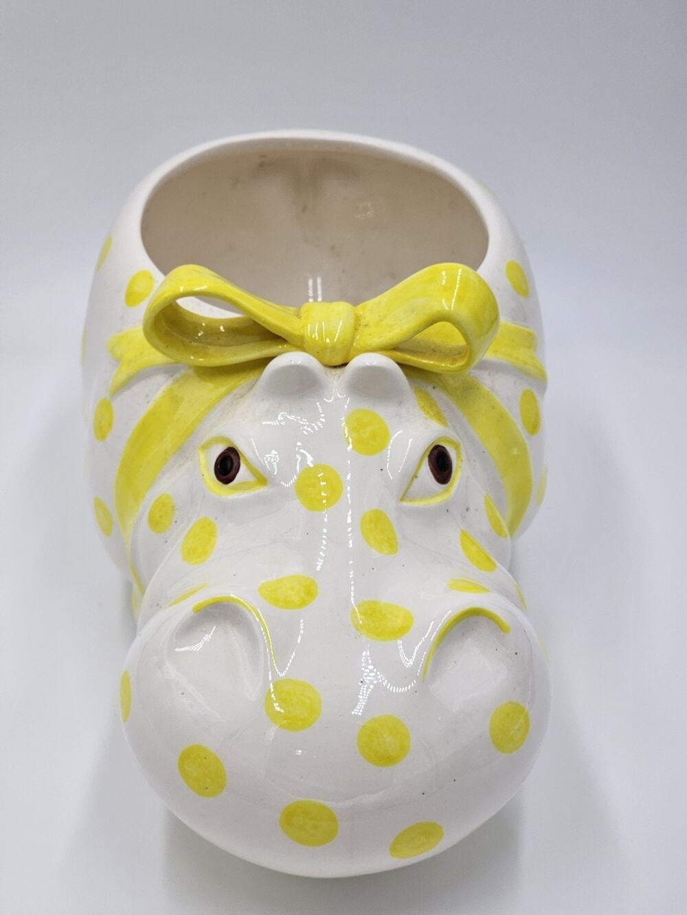 Vintage Fitz And Floyd Ceramic White House Hippo Planter With Yellow Polka Dots